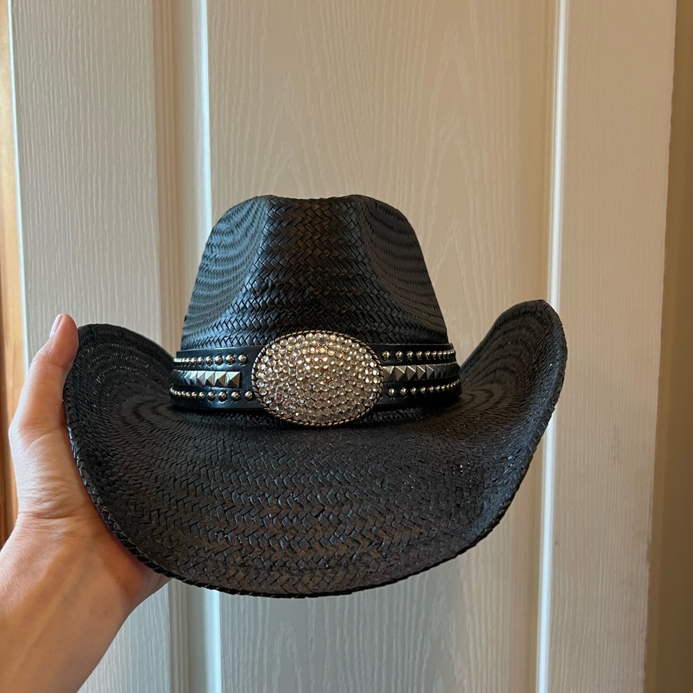 Black Straw Cowboy Hat with Rhinestone Band